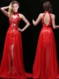 Free and Easy Halter Top Coral Red Sleeveless With Train Lace and Sashes|ribbons Backless Evening Gowns