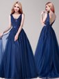 Appliques and Belt Prom Party Dress Navy Blue Backless Sleeveless Floor Length