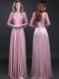 Cheap Pink Elastic Woven Satin Lace Up Long Sleeves Floor Length Appliques and Belt