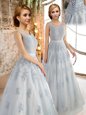 Scoop Grey A-line Appliques Prom Evening Gown Lace Up Tulle Sleeveless Floor Length