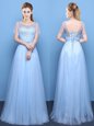 Latest Light Blue Empire Scoop Short Sleeves Tulle Floor Length Lace Up Beading Prom Dress