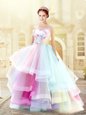 Multi-color Sleeveless Floor Length Ruffled Layers and Hand Made Flower Zipper Prom Evening Gown