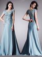 Delicate Scoop Half Sleeves Prom Party Dress Floor Length Lace Lavender Satin