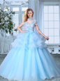 Captivating SeeThrough Floor Length Light Blue Ball Gown Prom Dress Organza Short Sleeves Appliques and Ruffled Layers