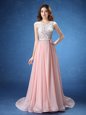Fancy Scoop Lace and Appliques and Belt Dress Like A Star Baby Pink Zipper Sleeveless With Brush Train