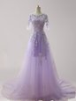 Shining Scoop Half Sleeves Tulle With Brush Train Zipper Celebrity Prom Dress in Lavender for with Appliques