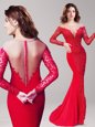 Hot Selling Mermaid Elastic Woven Satin Scoop Long Sleeves Brush Train Clasp Handle Lace Evening Dresses in Red