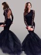 Navy Blue Mermaid Tulle Scoop Long Sleeves Lace With Train Backless Brush Train