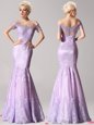 Off the Shoulder Lace Floor Length Mermaid Short Sleeves Lavender Homecoming Dress Zipper