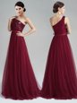 Latest One Shoulder Burgundy Empire Appliques and Sequins and Belt Dress for Prom Zipper Tulle Sleeveless With Train