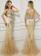Mermaid Scoop Cap Sleeves Brush Train Backless Prom Dress Gold Tulle