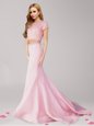 Adorable Scoop Pink Column/Sheath Beading Prom Party Dress Zipper Satin Short Sleeves With Train