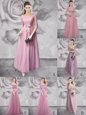 Deluxe Scoop Lilac Half Sleeves Floor Length Lace and Ruching and Bowknot and Belt and Hand Made Flower Lace Up Dress for Prom