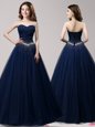 Excellent Floor Length Navy Blue Prom Gown Sweetheart Sleeveless Lace Up