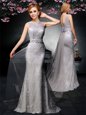 Fitting Grey Tulle and Lace Backless Bateau Sleeveless With Train Prom Gown Watteau Train Lace and Belt