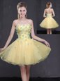 Traditional Light Yellow A-line Sweetheart Sleeveless Organza Mini Length Lace Up Appliques Dress for Prom