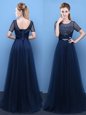Artistic Scoop Beading Dress for Prom Navy Blue Lace Up Short Sleeves Floor Length