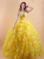 Hot Sale Gold Organza Lace Up Quinceanera Dress Sleeveless Floor Length Appliques and Ruffles