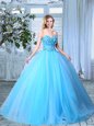 Light Blue Sleeveless Organza Lace Up Vestidos de Quinceanera for Prom