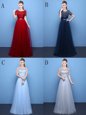 Empire Prom Evening Gown Wine Red Scoop Tulle Short Sleeves Floor Length Lace Up