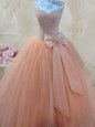 Peach Spaghetti Straps Neckline Beading and Bowknot Sleeveless Lace Up