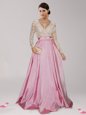 V-neck Long Sleeves Taffeta Prom Evening Gown Beading and Belt Zipper