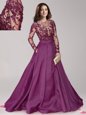 Dark Purple Zipper Scoop Beading Prom Evening Gown Taffeta Long Sleeves Brush Train