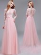 Baby Pink Tulle Zipper V-neck 3|4 Length Sleeve With Train Prom Evening Gown Brush Train Lace and Bowknot