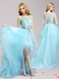 Hot Sale Scoop Sleeveless Homecoming Dress High Low Appliques and Bowknot Aqua Blue Tulle