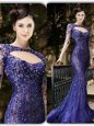 Stunning Mermaid Bateau Long Sleeves Brush Train Zipper Prom Dress Purple Tulle