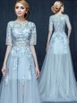 Most Popular Scoop Light Blue Zipper Prom Evening Gown Appliques Half Sleeves With Brush Train