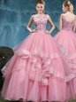 Flare Scoop Baby Pink Lace Up Quinceanera Gown Lace and Appliques and Ruffles Sleeveless Floor Length