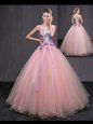 Baby Pink Ball Gowns V-neck Sleeveless Tulle Floor Length Lace Up Appliques and Belt Quinceanera Gown