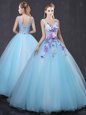Sexy Light Blue Sweet 16 Dresses Military Ball and Sweet 16 and Quinceanera and For with Lace and Appliques V-neck Sleeveless Lace Up