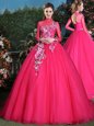 Simple Long Sleeves With Train Appliques Lace Up Quinceanera Gowns with Coral Red Brush Train