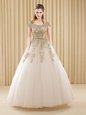 Hot Selling Scoop Short Sleeves Quinceanera Dresses Floor Length Beading and Appliques White Tulle
