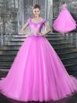 Tulle Straps Sleeveless Brush Train Lace Up Beading and Appliques Sweet 16 Quinceanera Dress in Fuchsia