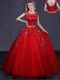 Red Ball Gowns Tulle Scoop Cap Sleeves Beading and Belt Floor Length Lace Up 15th Birthday Dress