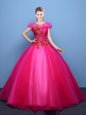 Scoop Hot Pink Ball Gowns Appliques Quinceanera Dresses Lace Up Tulle Short Sleeves Floor Length