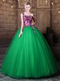 One Shoulder Green Sleeveless Pattern Floor Length Quinceanera Dress