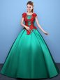 Great Green Ball Gowns Scoop Cap Sleeves Satin Floor Length Lace Up Appliques Sweet 16 Quinceanera Dress