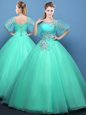 Dynamic Scoop Turquoise Half Sleeves Appliques Floor Length Quince Ball Gowns
