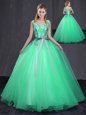 Shining Appliques and Belt Sweet 16 Dress Turquoise Lace Up Sleeveless Floor Length