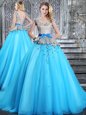 Appliques and Belt Quinceanera Gown Baby Blue Lace Up Sleeveless Brush Train