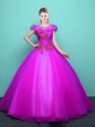 Customized Fuchsia Ball Gowns Scoop Short Sleeves Tulle Floor Length Lace Up Appliques 15 Quinceanera Dress