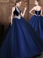 Navy Blue Lace Up Halter Top Beading Quince Ball Gowns Tulle Sleeveless