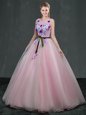 Fitting Pink Scoop Neckline Appliques Ball Gown Prom Dress Sleeveless Lace Up