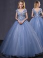 Flare Scoop Sleeveless Tulle Floor Length Lace Up Quinceanera Dress in Navy Blue for with Appliques