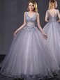 Cute Peach Tulle Lace Up Quince Ball Gowns Sleeveless Floor Length Appliques and Belt