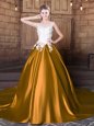 Fashionable Elastic Woven Satin Scoop Sleeveless Court Train Lace Up Lace and Appliques Quinceanera Gowns in Gold